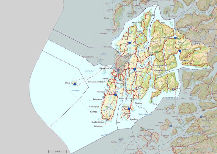 Bilde som viser kart over kommunene som deltar i Haugaland brann og redning iks